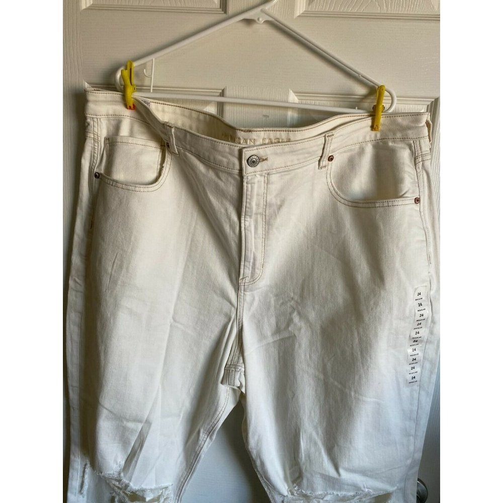 American Eagle Mom Jeans Size 24 Cream Distressed Knee Stretch NEW